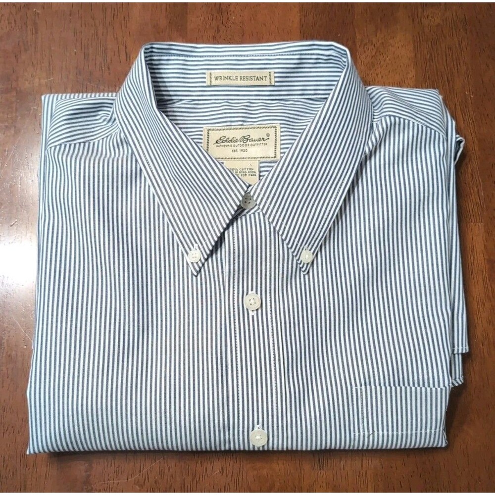 EDDIE BAUER WRINKLE RESISTANT Blue Stripe Long Sleeve Button Shirt MENS SZ L